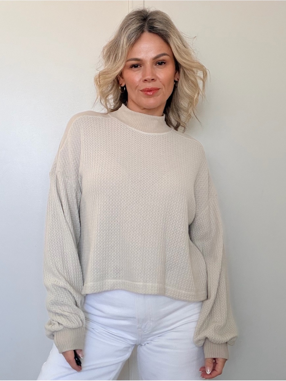 New Project Social T Cream Mock-Neck Waffle Knit Top